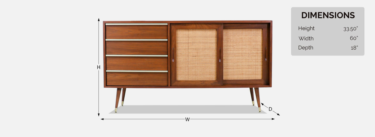 John Keal Walnut Credenza with Cane Doors for Brown Saltman-2