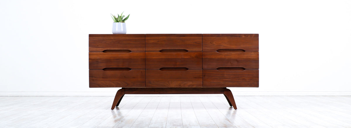 Mid-Century Modern Sculpted Walnut 9-Drawer Dresser 