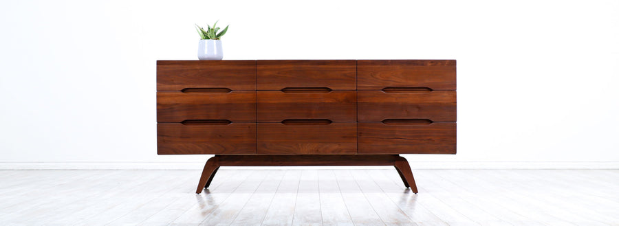 Mid-Century Modern Sculpted Walnut 9-Drawer Dresser 