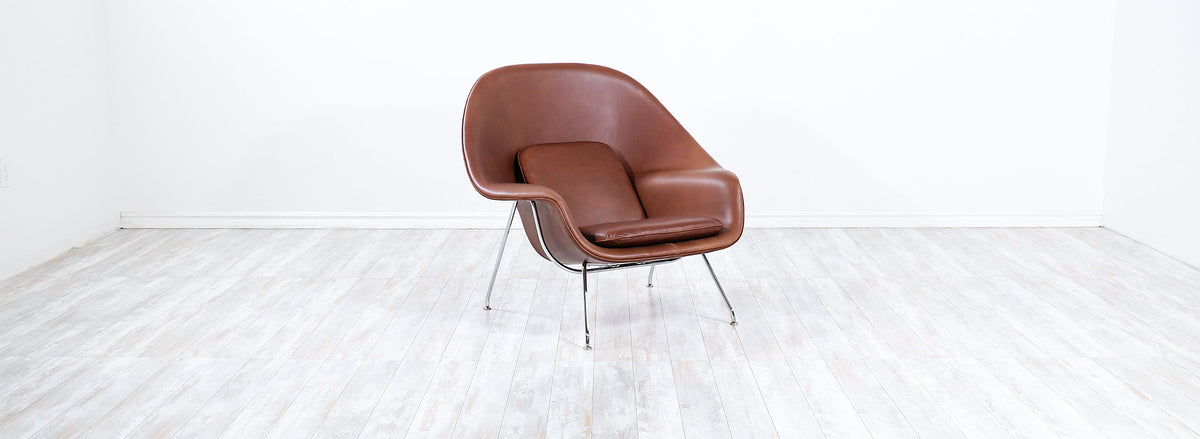 Eero Saarinen "Womb" Cognac Leather Chair with Ottoman for Knoll