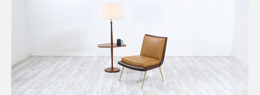 Mid-Century Modern Sculpted Walnut Floor Lamp with Side Table by Laurel