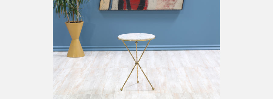 Italian Faux Bamboo Tripod Side Table with Carrera Marble Top