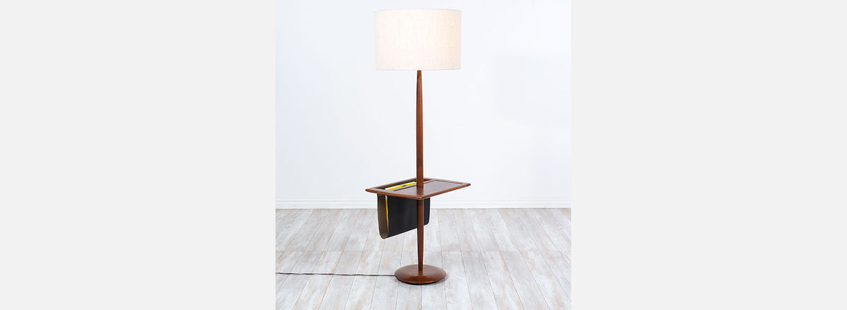 Mid-Century Modern Floor Lamp with Side Table & Magazine Holder by Laurel
