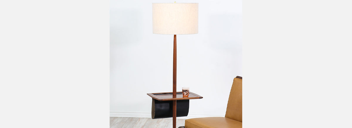 Mid-Century Modern Floor Lamp with Side Table & Magazine Holder by Laurel