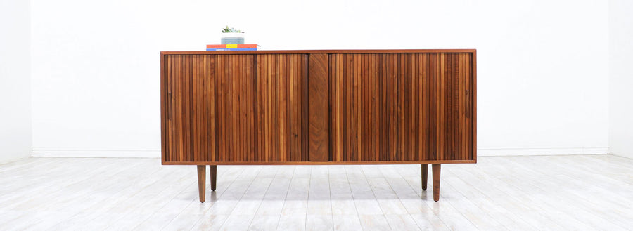 Mid-Century Modern Tambour-Door Walnut Credenza 