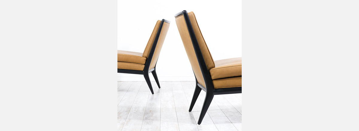 T.H. Robsjohn-Gibbings Leather & Ebonized Wood Slipper Lounge Chairs for Widdicomb