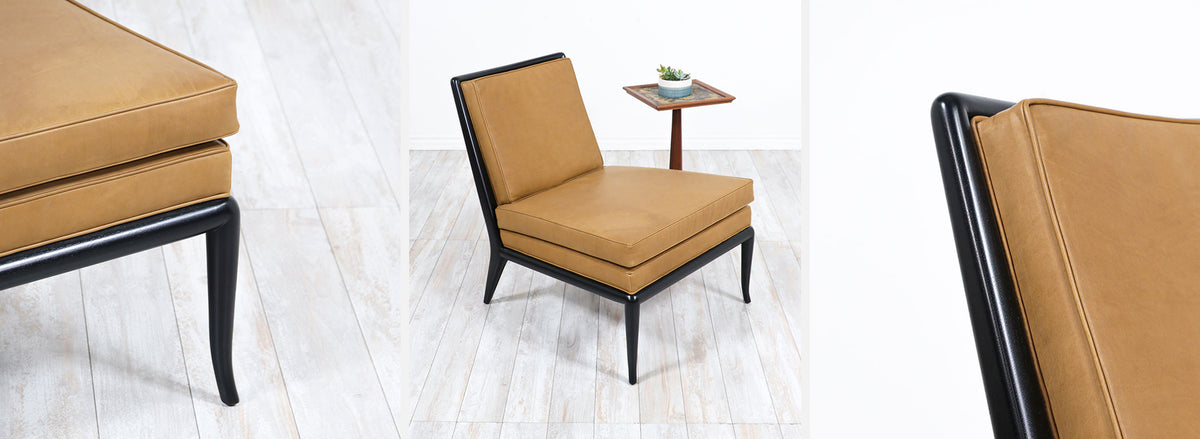 T.H. Robsjohn-Gibbings Leather & Ebonized Wood Slipper Lounge Chairs for Widdicomb