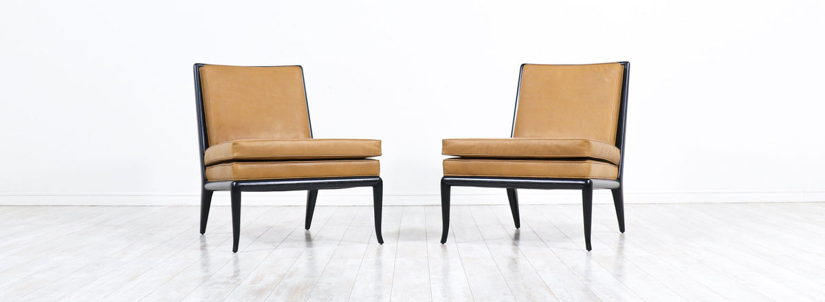 T.H. Robsjohn-Gibbings Leather & Ebonized Wood Slipper Lounge Chairs for Widdicomb