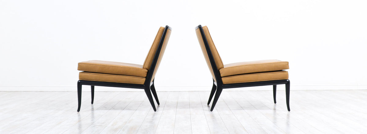 T.H. Robsjohn-Gibbings Leather & Ebonized Wood Slipper Lounge Chairs for Widdicomb