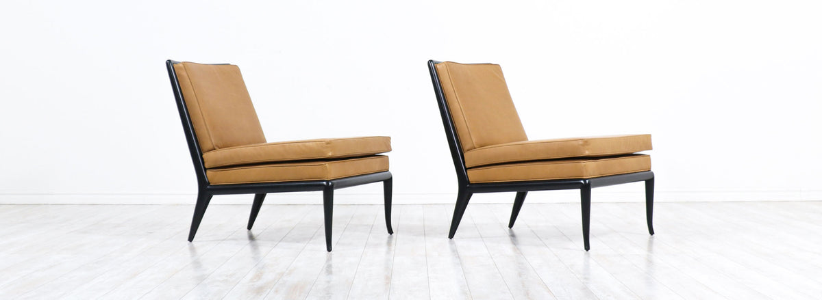 T.H. Robsjohn-Gibbings Leather & Ebonized Wood Slipper Lounge Chairs for Widdicomb