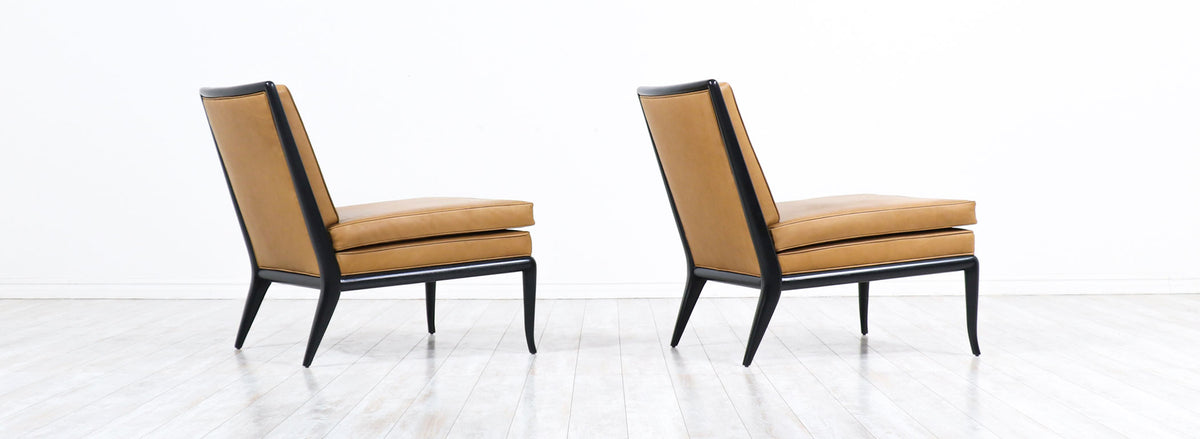 T.H. Robsjohn-Gibbings Leather & Ebonized Wood Slipper Lounge Chairs for Widdicomb