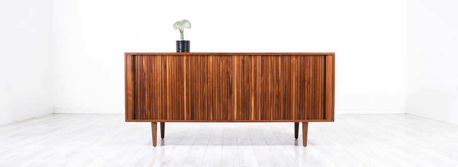 Mid-Century Modern Tambour-Door Walnut Wood Credenza