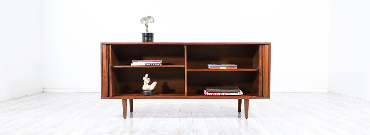 Mid-Century Modern Tambour-Door Walnut Wood Credenza