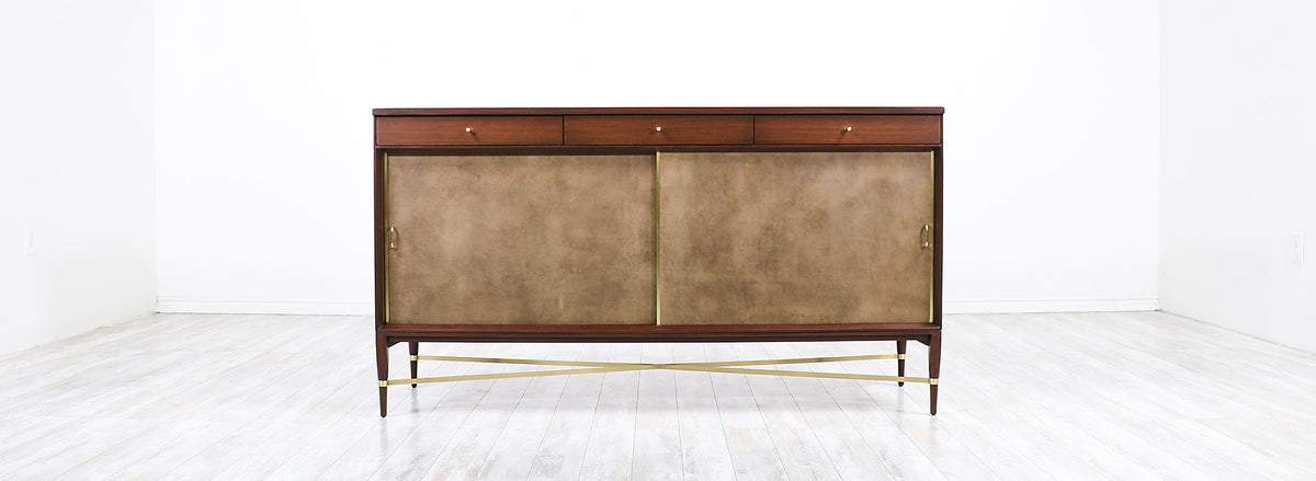 Paul McCobb "Irwin Collection" Credenza with Brass Accents & Leather Doors for Calvin Furniture