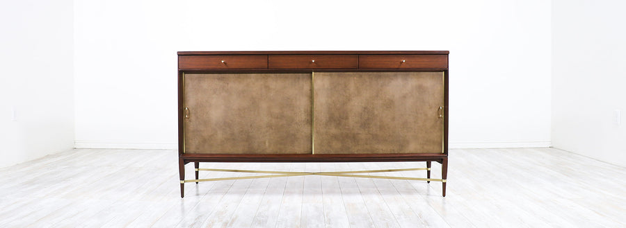 Paul McCobb "Irwin Collection" Credenza with Brass Accents & Leather Doors for Calvin Furniture
