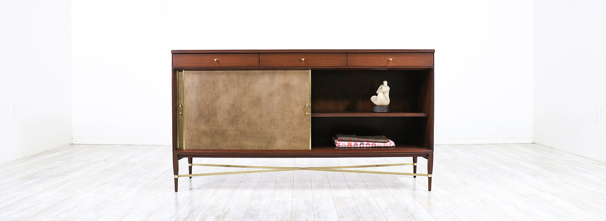 Paul McCobb "Irwin Collection" Credenza with Brass Accents & Leather Doors for Calvin Furniture