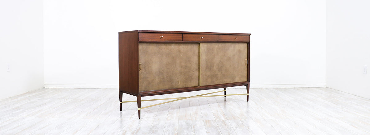 Paul McCobb "Irwin Collection" Credenza with Brass Accents & Leather Doors for Calvin Furniture