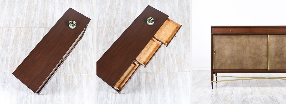 Paul McCobb "Irwin Collection" Credenza with Brass Accents & Leather Doors for Calvin Furniture