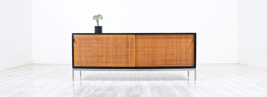 Florence Knoll Rosewood Credenza with Original Cane Doors & Leather Pulls 