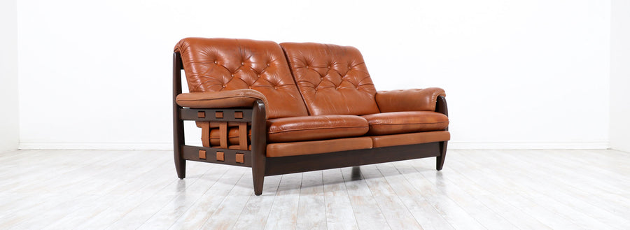 Jean Gillon Distress Cognac Leather Sofa for Italma Wood Art