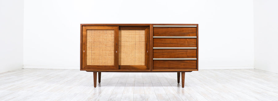 John Keal Walnut Credenza with Cane Doors for Brown Saltman