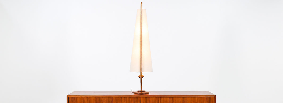 Mid-Century Modern Sculpted Walnut Arc and Brass Table Lamp by Modeline