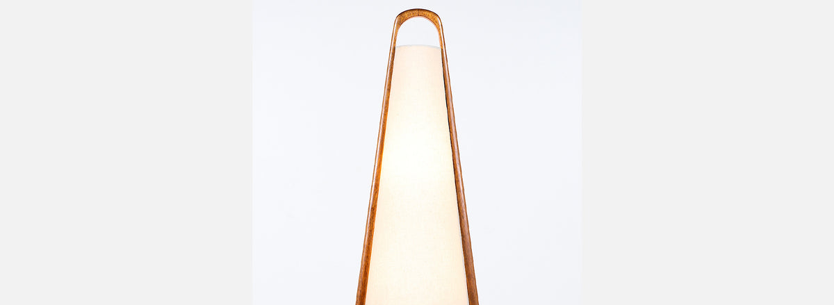 Mid-Century Modern Sculpted Walnut Arc and Brass Table Lamp by Modeline