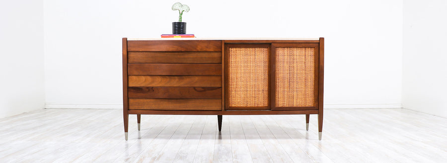 Mid-Century Modern Credenza with Travertine Top & Cane Doors by American of Martinsville