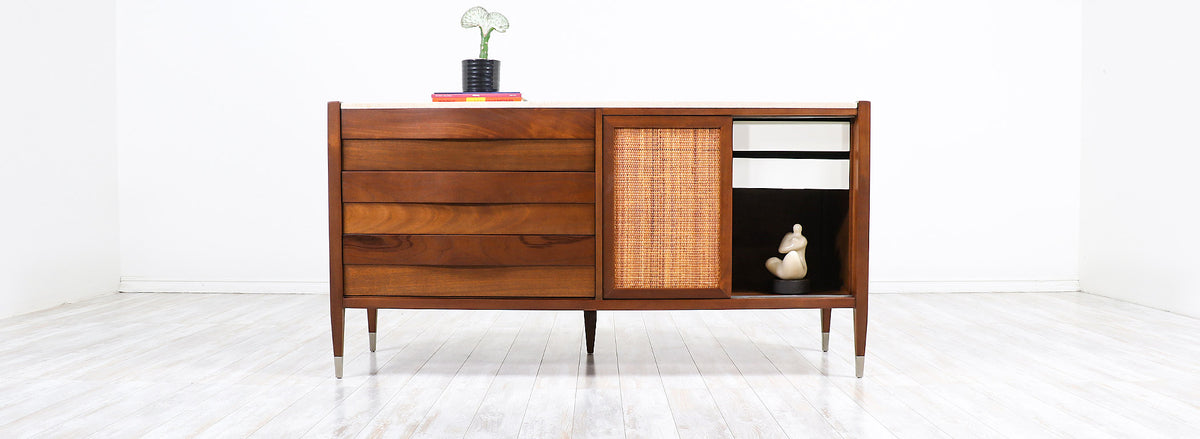Mid-Century Modern Credenza with Travertine Top & Cane Doors by American of Martinsville
