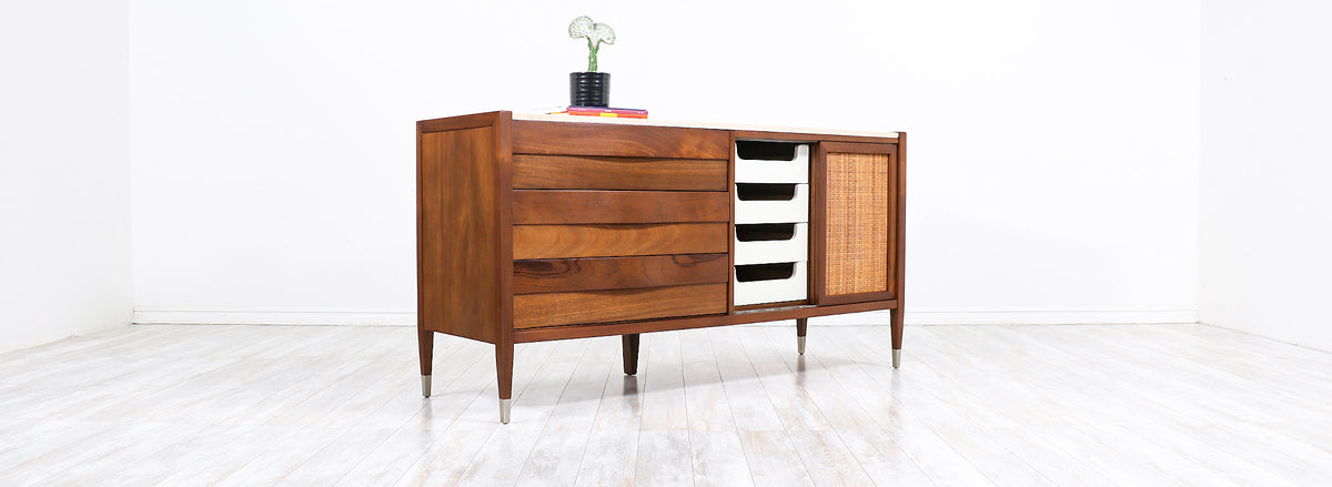 Mid-Century Modern Credenza with Travertine Top & Cane Doors by American of Martinsville