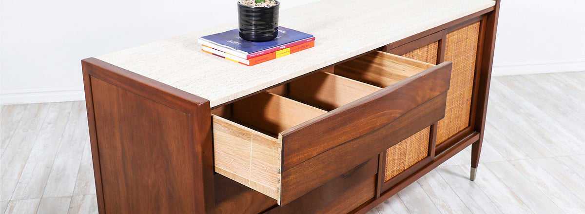 Mid-Century Modern Credenza with Travertine Top & Cane Doors by American of Martinsville