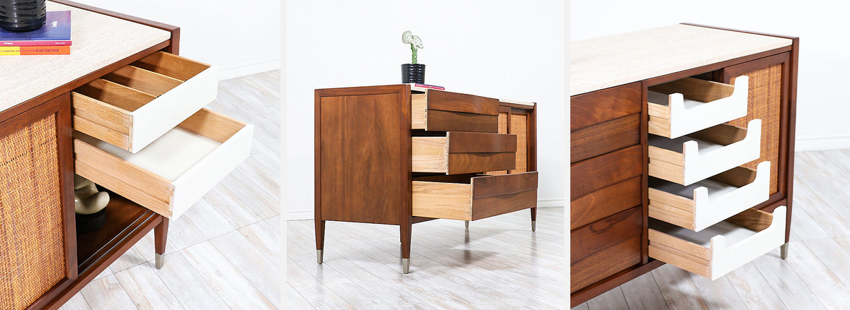 Mid-Century Modern Credenza with Travertine Top & Cane Doors by American of Martinsville