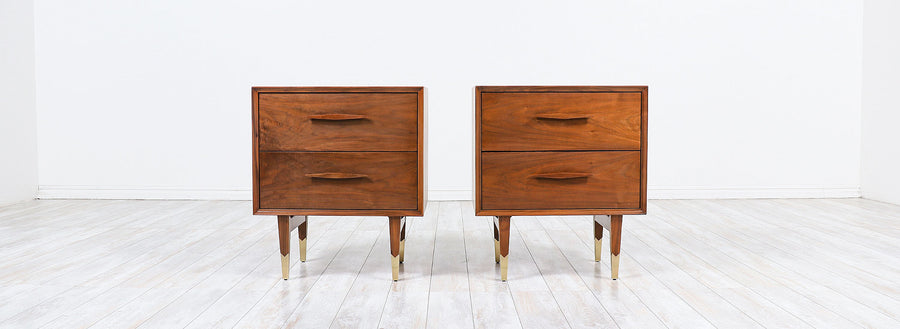 Mid-Century Modern Walnut Night Stands with Brass Sabots 