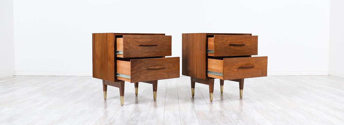 Mid-Century Modern Walnut Night Stands with Brass Sabots 