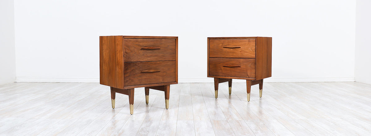 Mid-Century Modern Walnut Night Stands with Brass Sabots 