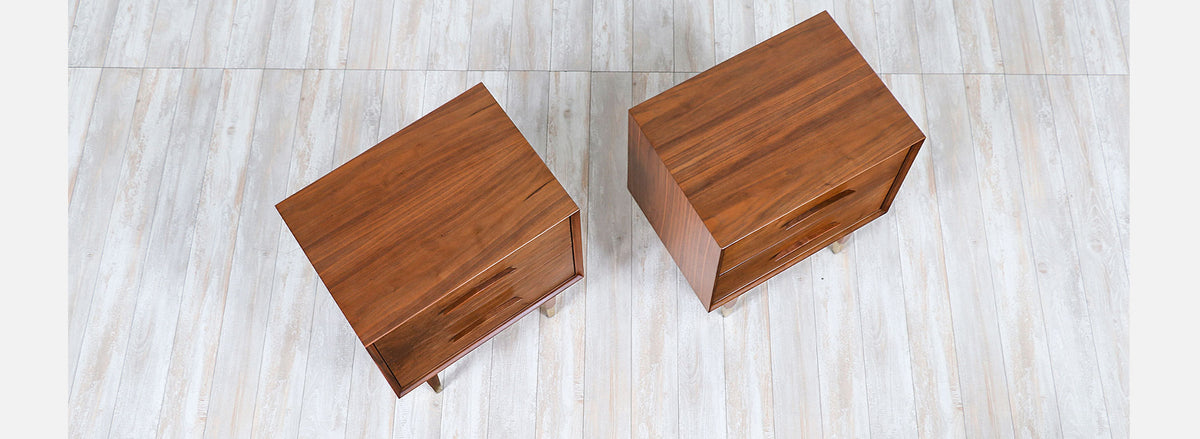 Mid-Century Modern Walnut Night Stands with Brass Sabots 