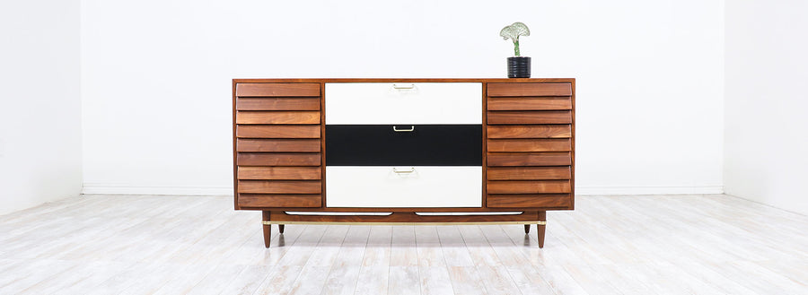 Merton Gershun Two-Tone Lacquered & Walnut Dresser with Brass Accents 