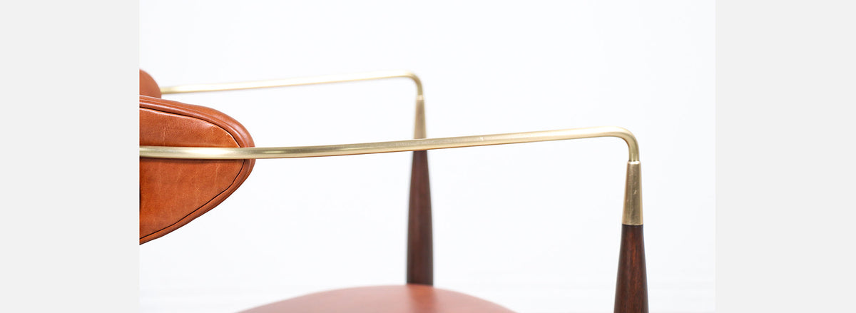 Dan Johnson “Viscount” Cognac Leather & Brass Accent Armchair for Selig
