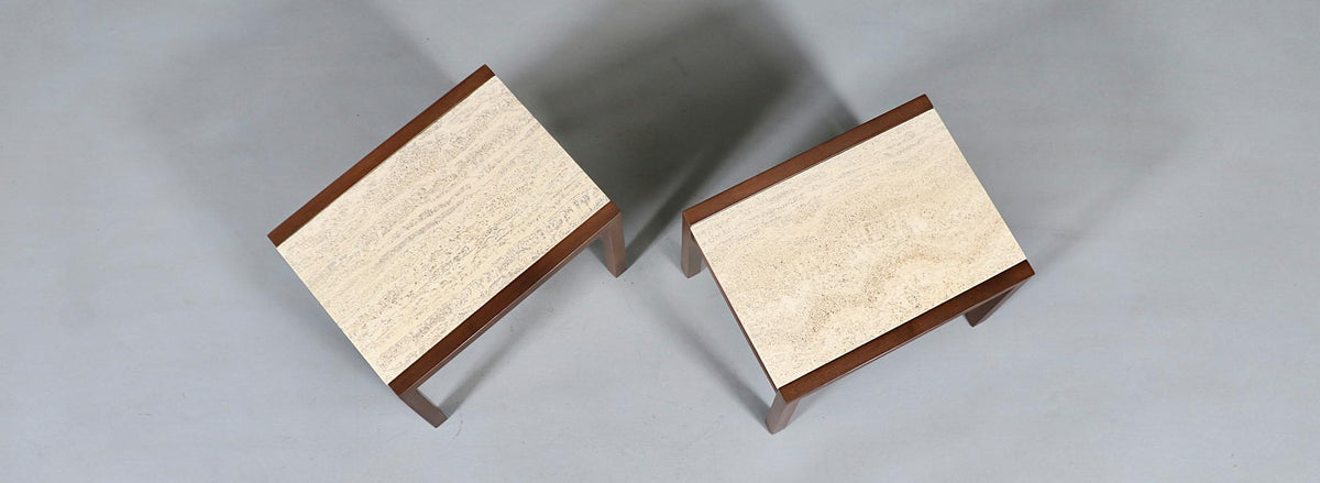 Pair of Californian Modern Travertine Top Side Tables