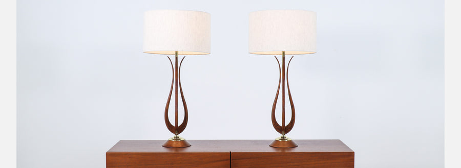 Mid-Century Modern Sculpted Walnut Table Lamps with Brass Accents