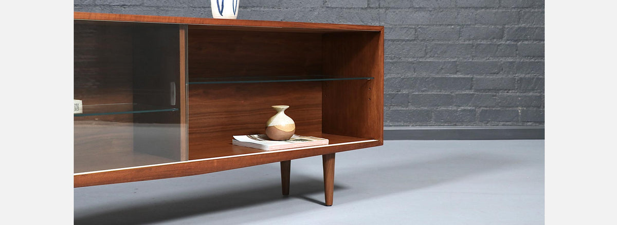 Mid Century Modern Low Walnut & Glass Bookcase Credenza