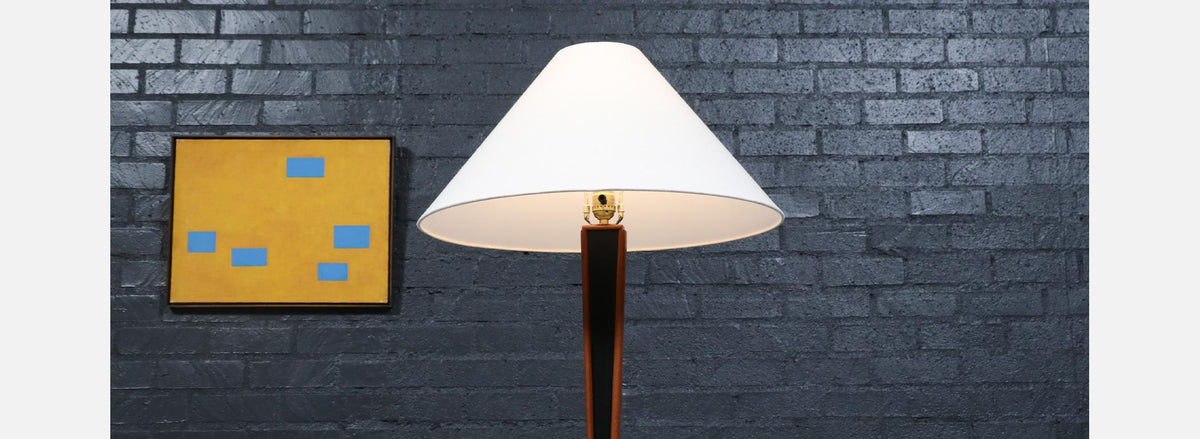 Danish Modern Sculptural Teak Floor Lamp w/ Linen Cone Shade