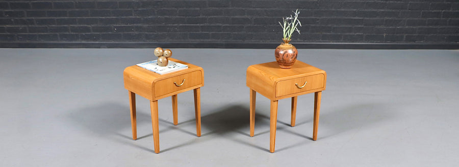 Swedish Scandinavian Modern Oak Night Stands w/ Brass Accent Handle
