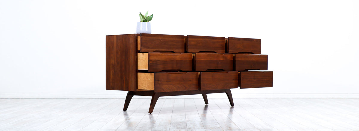 Mid-Century Modern Sculpted Walnut 9-Drawer Dresser 
