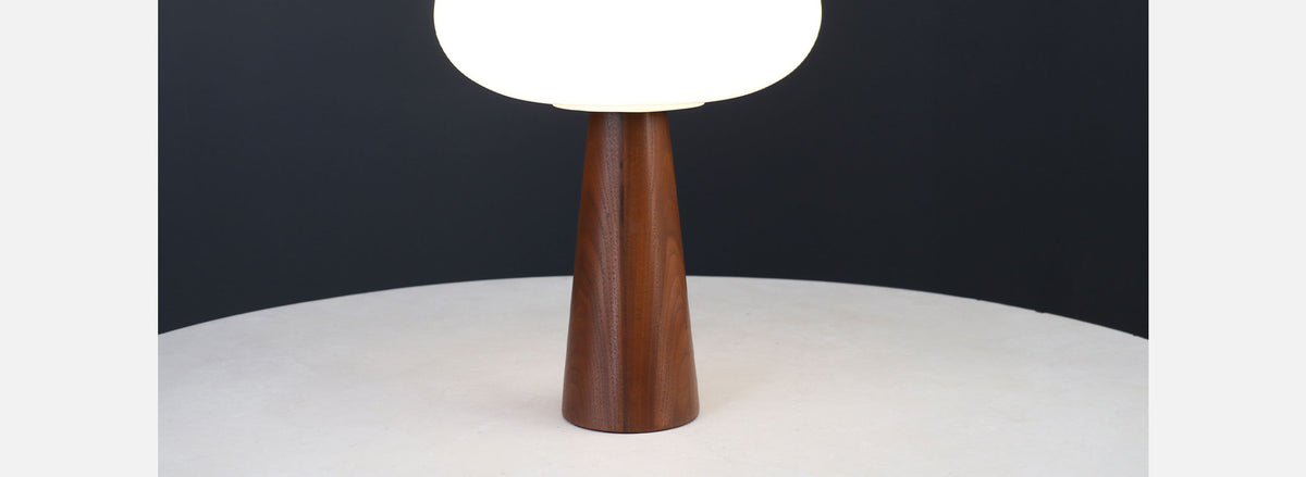 Mid-Century Modern Mushroom Glass & Walnut Lamp by Laurel