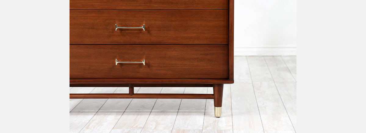 Milo Baughman Walnut Chest of Drawers with Brass Handles for Drexel