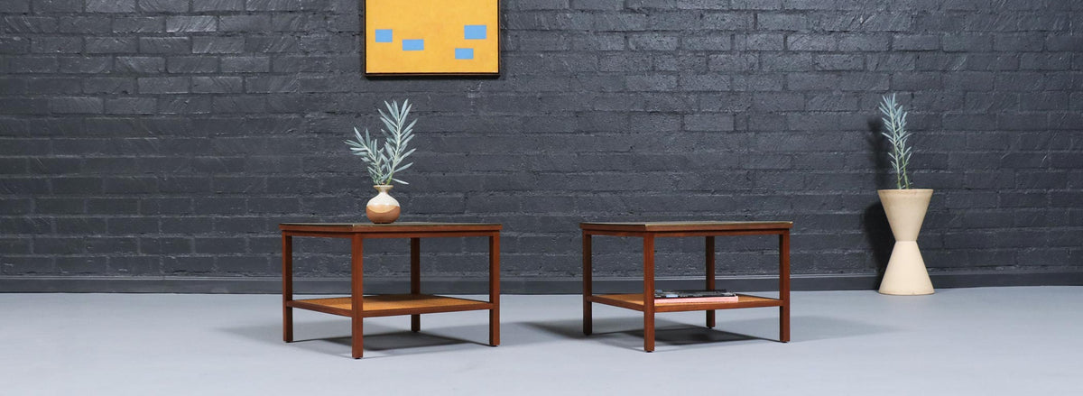 Paul McCobb Leather Top Side Tables w/ Cane Shelves for Calvin Furniture