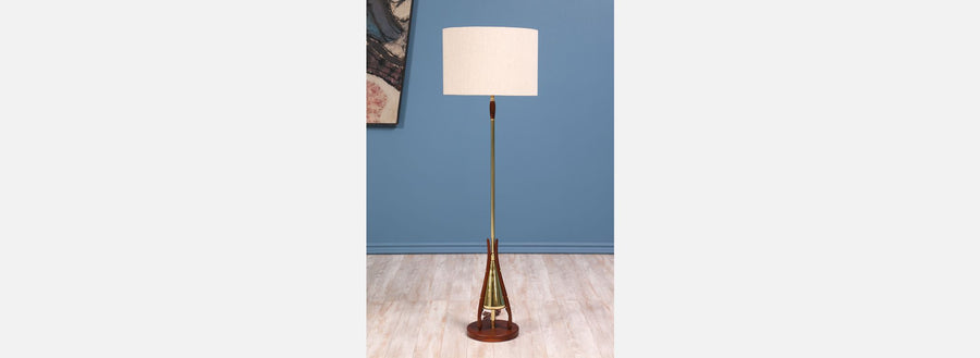 Mid-Century Floor Lamp with Sculpted Walnut Base & Brass