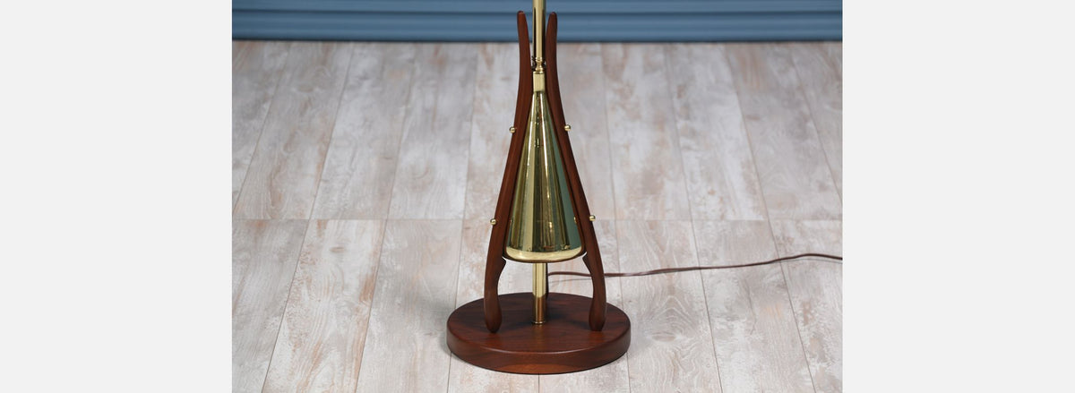 Mid-Century Floor Lamp with Sculpted Walnut Base & Brass
