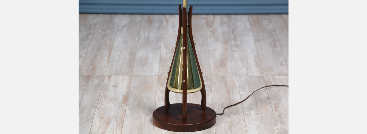 Mid-Century Floor Lamp with Sculpted Walnut Base & Brass